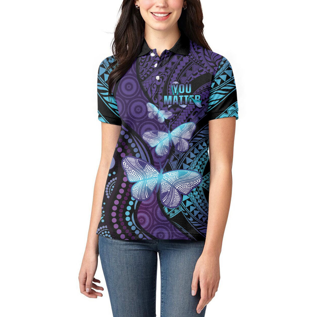 You Matter Suicide Prevention Women Polo Shirt Butterfly Aboriginal Mix Polynesian Pattern