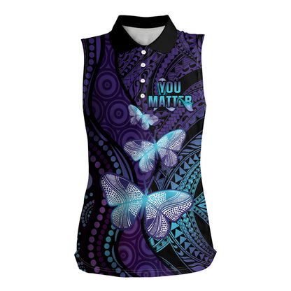 You Matter Suicide Prevention Women Sleeveless Polo Shirt Butterfly Aboriginal Mix Polynesian Pattern