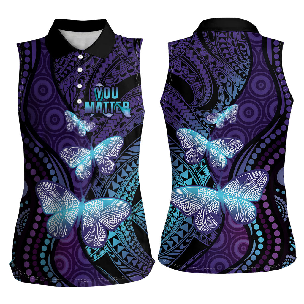 You Matter Suicide Prevention Women Sleeveless Polo Shirt Butterfly Aboriginal Mix Polynesian Pattern