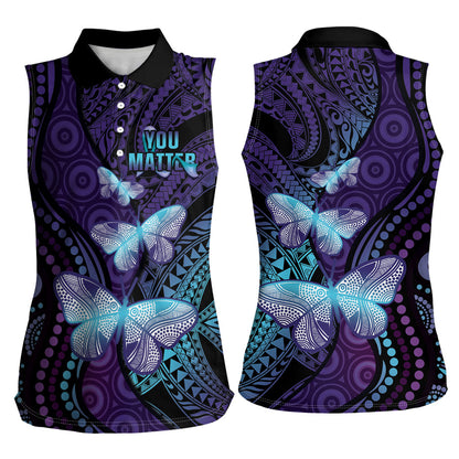 You Matter Suicide Prevention Women Sleeveless Polo Shirt Butterfly Aboriginal Mix Polynesian Pattern