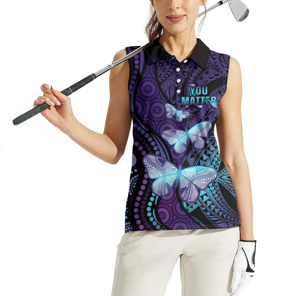 You Matter Suicide Prevention Women Sleeveless Polo Shirt Butterfly Aboriginal Mix Polynesian Pattern