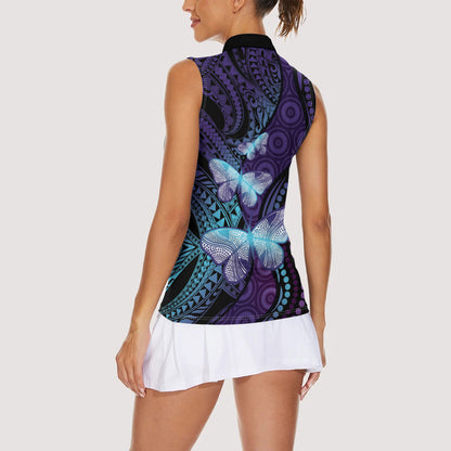 You Matter Suicide Prevention Women Sleeveless Polo Shirt Butterfly Aboriginal Mix Polynesian Pattern