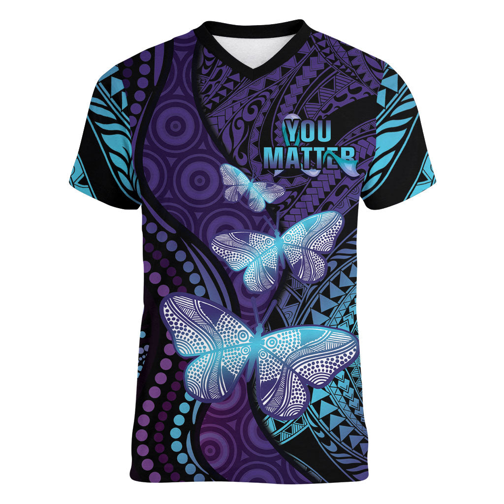 You Matter Suicide Prevention Women V-Neck T-Shirt Butterfly Aboriginal Mix Polynesian Pattern