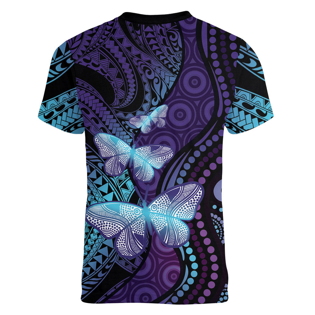 You Matter Suicide Prevention Women V-Neck T-Shirt Butterfly Aboriginal Mix Polynesian Pattern