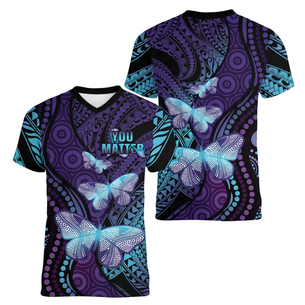 You Matter Suicide Prevention Women V-Neck T-Shirt Butterfly Aboriginal Mix Polynesian Pattern