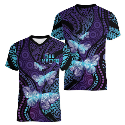 You Matter Suicide Prevention Women V-Neck T-Shirt Butterfly Aboriginal Mix Polynesian Pattern