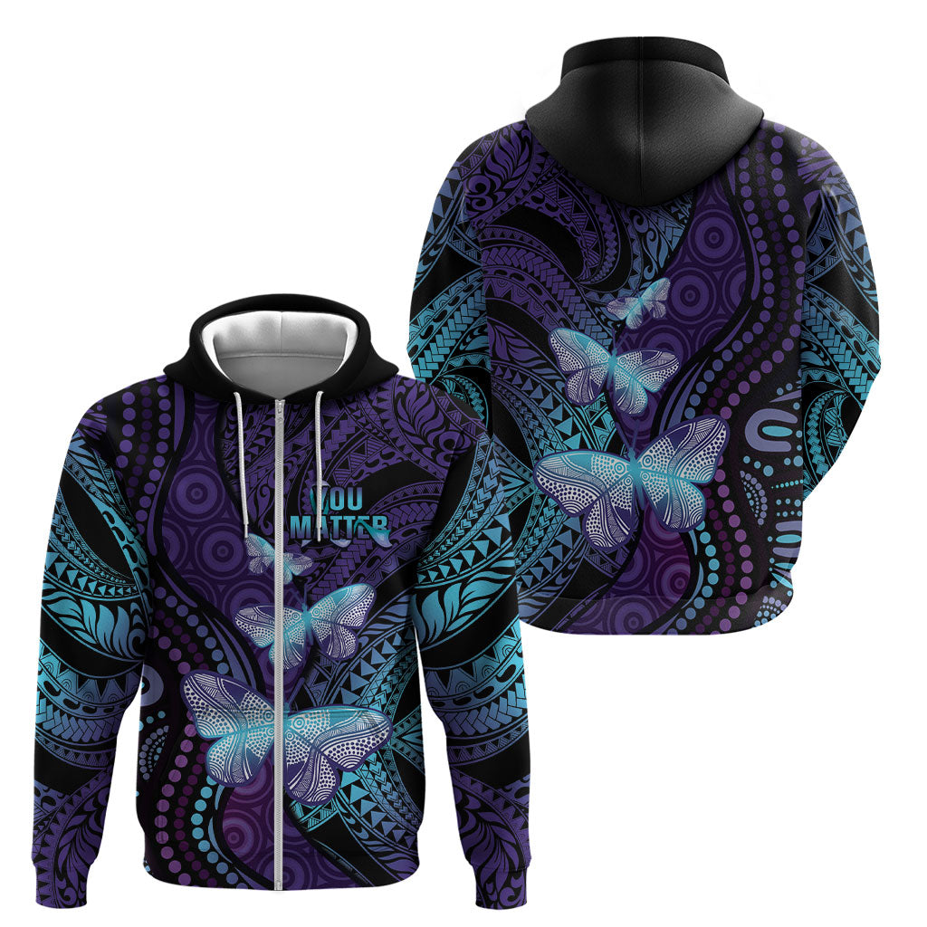 You Matter Suicide Prevention Zip Hoodie Butterfly Aboriginal Mix Polynesian Pattern