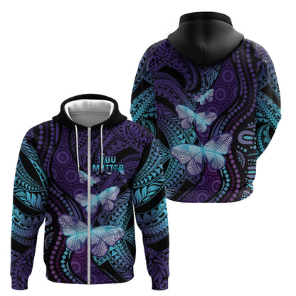You Matter Suicide Prevention Zip Hoodie Butterfly Aboriginal Mix Polynesian Pattern