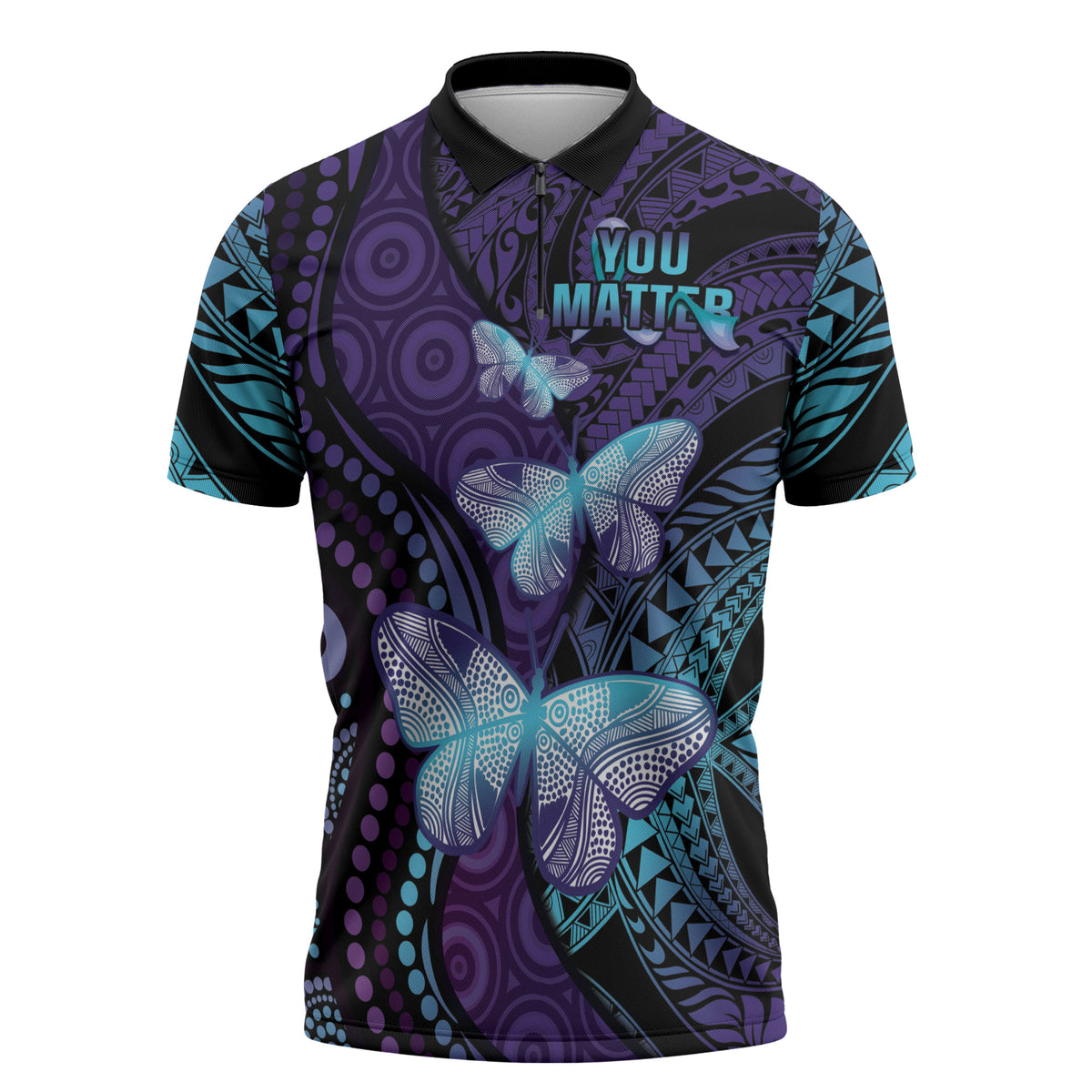 You Matter Suicide Prevention Zipper Polo Shirt Butterfly Aboriginal Mix Polynesian Pattern