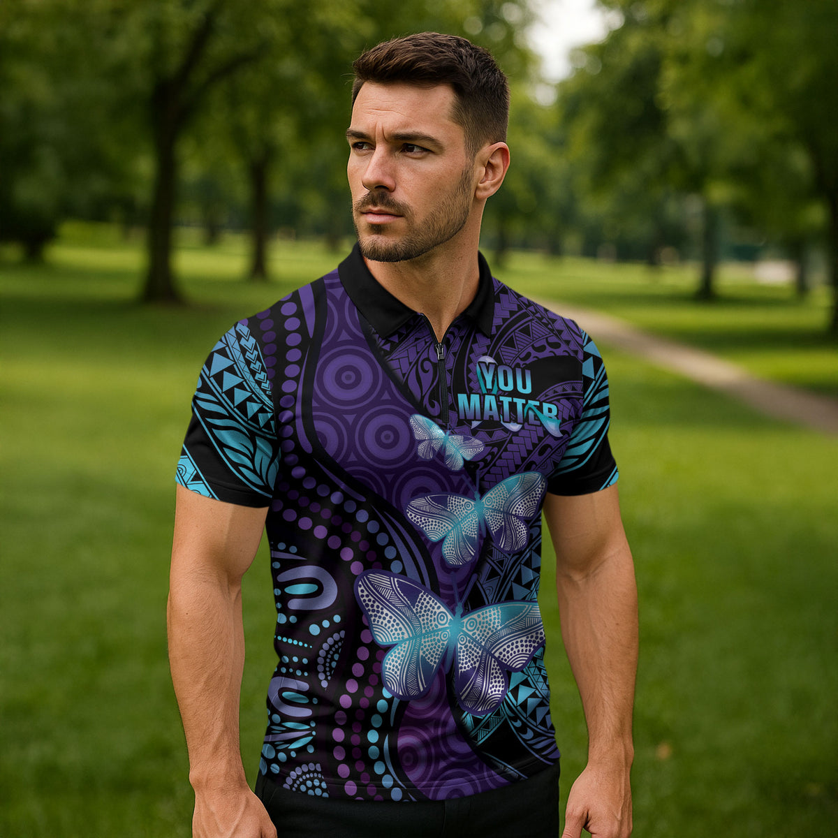 You Matter Suicide Prevention Zipper Polo Shirt Butterfly Aboriginal Mix Polynesian Pattern