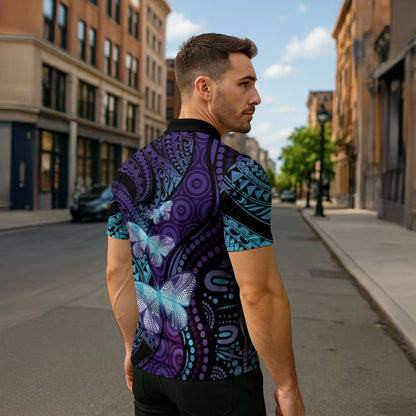 You Matter Suicide Prevention Zipper Polo Shirt Butterfly Aboriginal Mix Polynesian Pattern