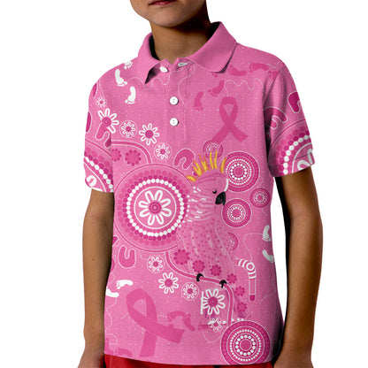 Pink Ribbon Australia Kid Polo Shirt Breast Cancer Support Aboriginal Cacatua leadbeateri
