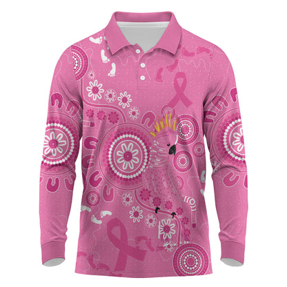 Pink Ribbon Australia Long Sleeve Polo Shirt Breast Cancer Support Aboriginal Cacatua leadbeateri