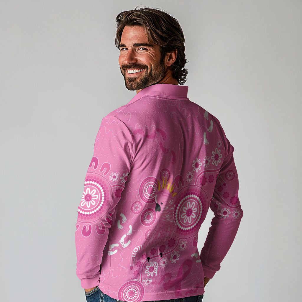 Pink Ribbon Australia Long Sleeve Polo Shirt Breast Cancer Support Aboriginal Cacatua leadbeateri