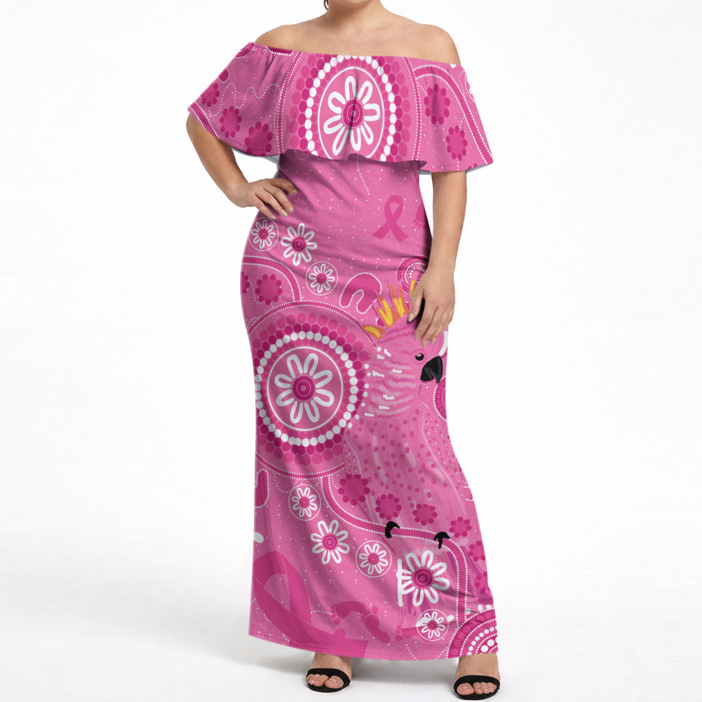 Pink Ribbon Australia Off Shoulder Maxi Dress Breast Cancer Support Aboriginal Cacatua leadbeateri
