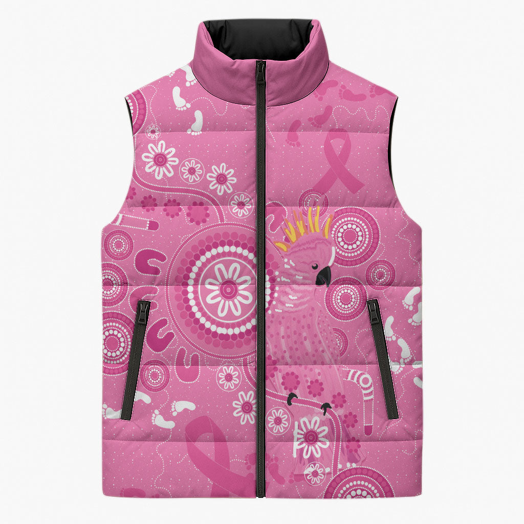 Pink Ribbon Australia Sleeveless Puffer Jacket Breast Cancer Support Aboriginal Cacatua leadbeateri