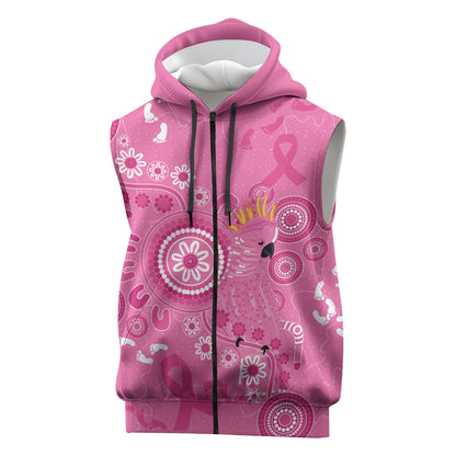Pink Ribbon Australia Sleeveless Zip Hoodie Breast Cancer Support Aboriginal Cacatua leadbeateri