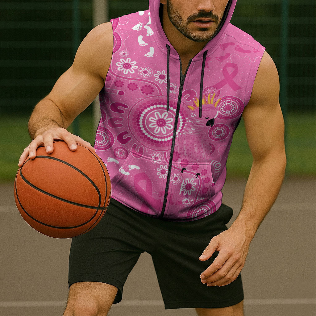 Pink Ribbon Australia Sleeveless Zip Hoodie Breast Cancer Support Aboriginal Cacatua leadbeateri
