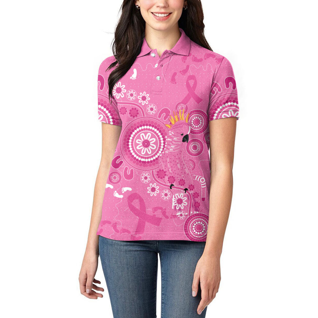 Pink Ribbon Australia Women Polo Shirt Breast Cancer Support Aboriginal Cacatua leadbeateri