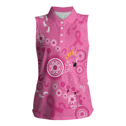 Pink Ribbon Australia Women Sleeveless Polo Shirt Breast Cancer Support Aboriginal Cacatua leadbeateri