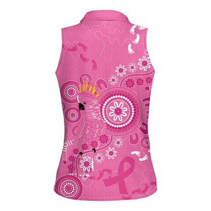Pink Ribbon Australia Women Sleeveless Polo Shirt Breast Cancer Support Aboriginal Cacatua leadbeateri