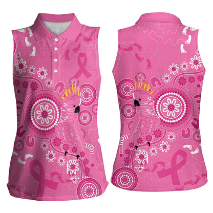 Pink Ribbon Australia Women Sleeveless Polo Shirt Breast Cancer Support Aboriginal Cacatua leadbeateri