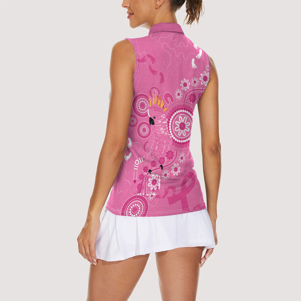 Pink Ribbon Australia Women Sleeveless Polo Shirt Breast Cancer Support Aboriginal Cacatua leadbeateri
