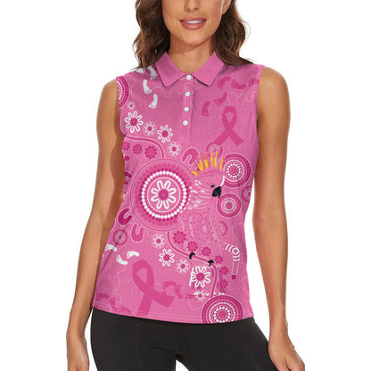 Pink Ribbon Australia Women Sleeveless Polo Shirt Breast Cancer Support Aboriginal Cacatua leadbeateri