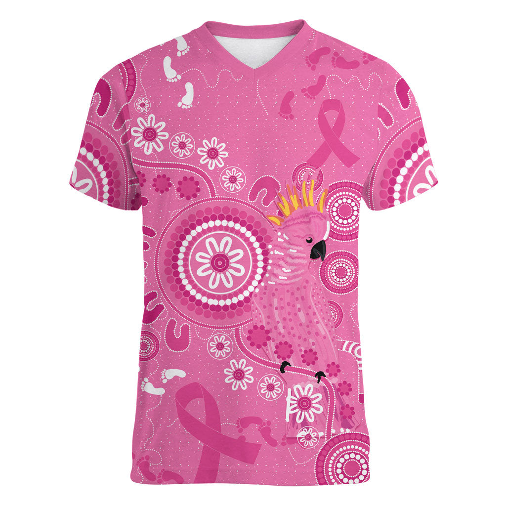 Pink Ribbon Australia Women V-Neck T-Shirt Breast Cancer Support Aboriginal Cacatua leadbeateri