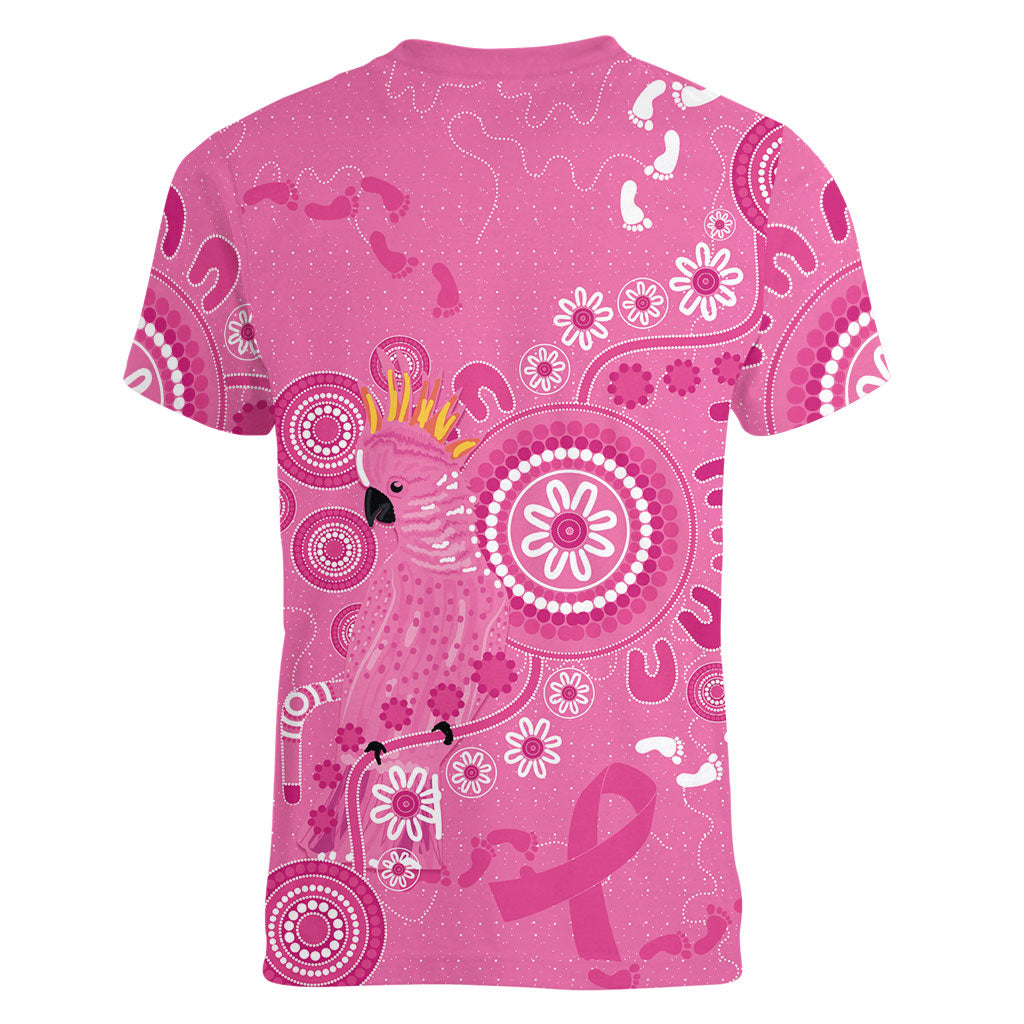 Pink Ribbon Australia Women V-Neck T-Shirt Breast Cancer Support Aboriginal Cacatua leadbeateri