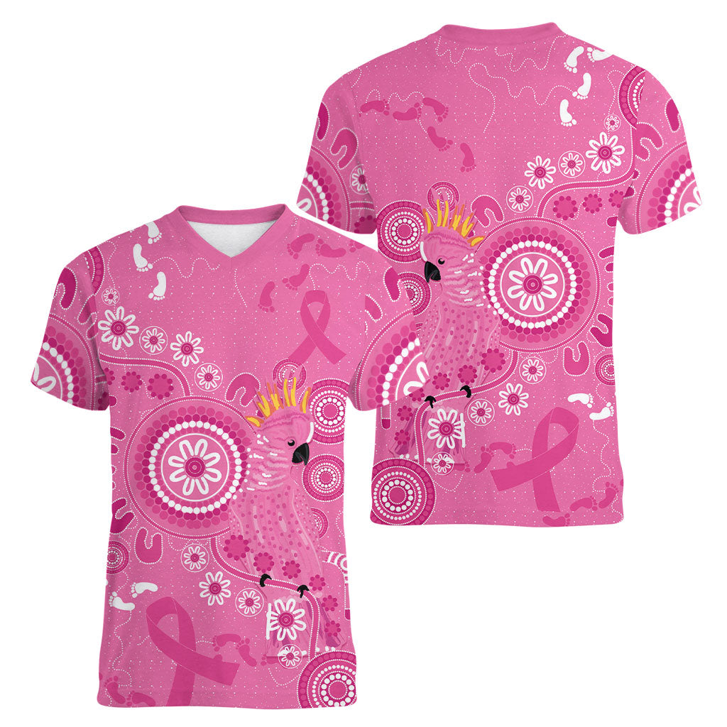 Pink Ribbon Australia Women V-Neck T-Shirt Breast Cancer Support Aboriginal Cacatua leadbeateri