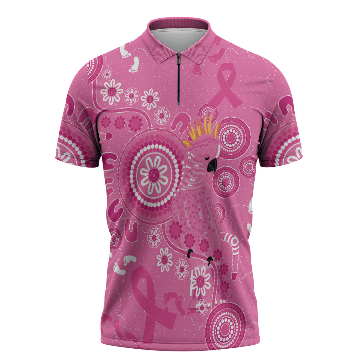 Pink Ribbon Australia Zipper Polo Shirt Breast Cancer Support Aboriginal Cacatua leadbeateri