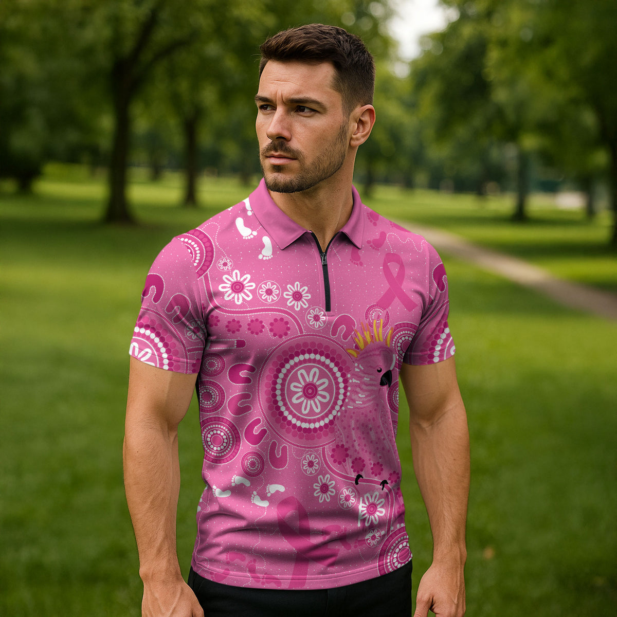 Pink Ribbon Australia Zipper Polo Shirt Breast Cancer Support Aboriginal Cacatua leadbeateri