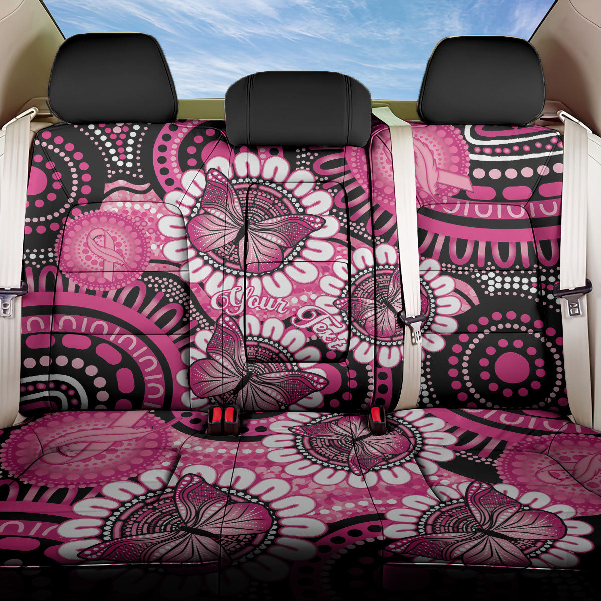 Personalised Australia Indigenous Back Car Seat Cover Breast Cancer Ribbon Think Pink - Black Version