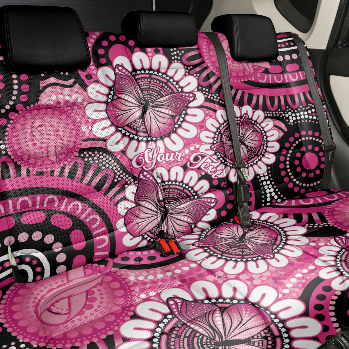 Personalised Australia Indigenous Back Car Seat Cover Breast Cancer Ribbon Think Pink - Black Version