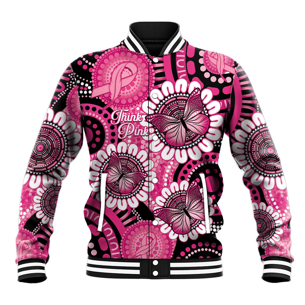 Personalised Australia Indigenous Baseball Jacket Breast Cancer Ribbon Think Pink - Black Version