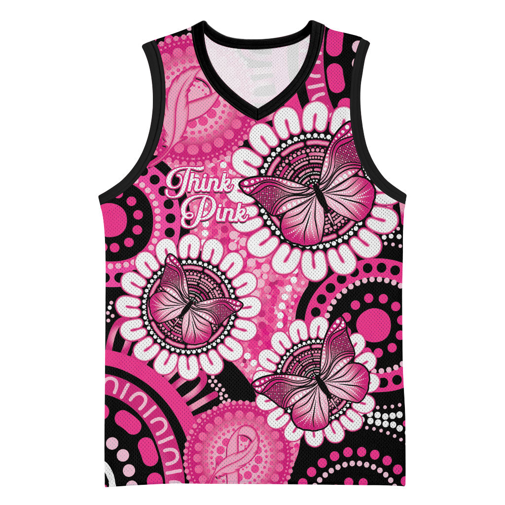 Personalised Australia Indigenous Basketball Jersey Breast Cancer Ribbon Think Pink - Black Version