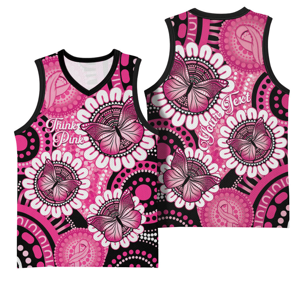 Personalised Australia Indigenous Basketball Jersey Breast Cancer Ribbon Think Pink - Black Version