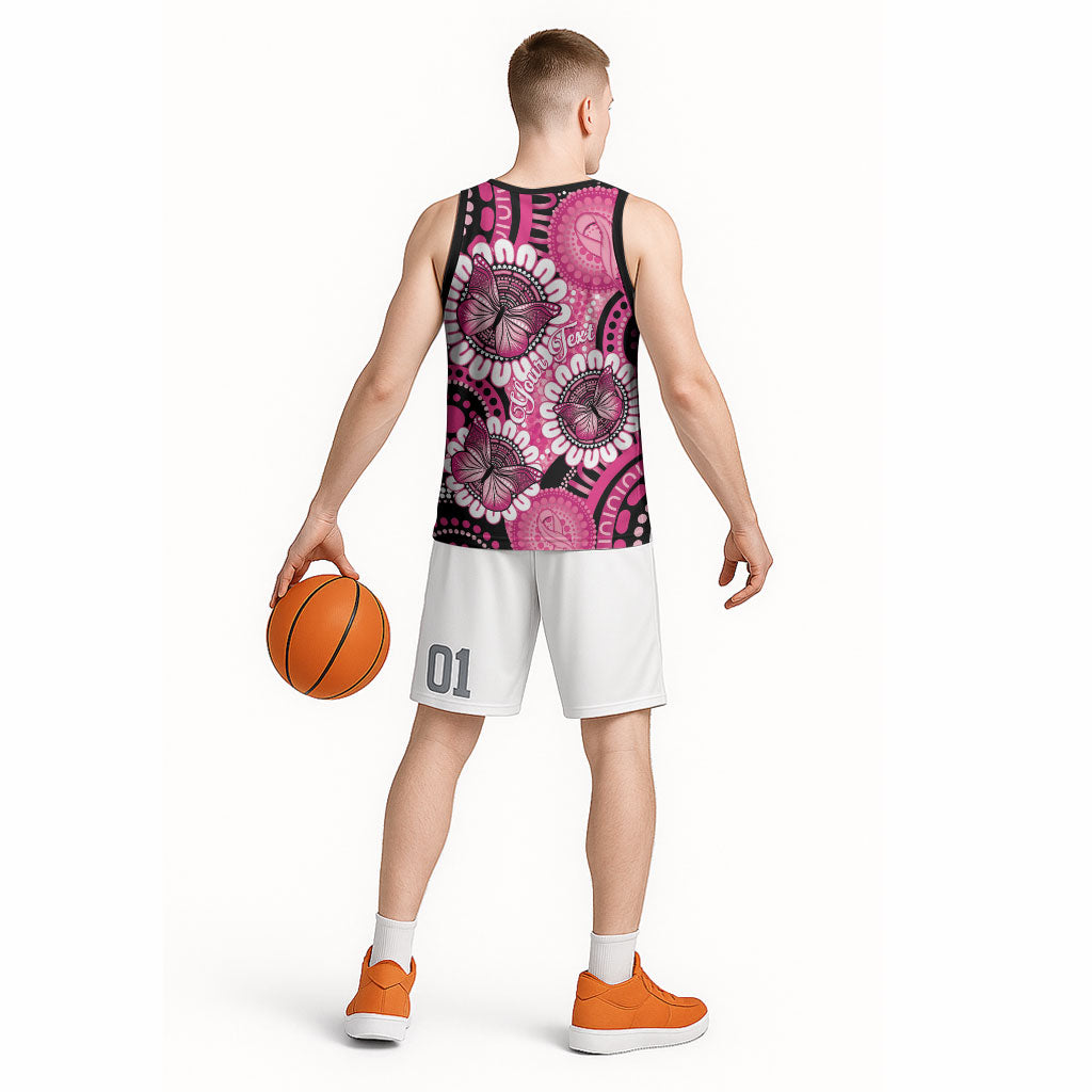 Personalised Australia Indigenous Basketball Jersey Breast Cancer Ribbon Think Pink - Black Version