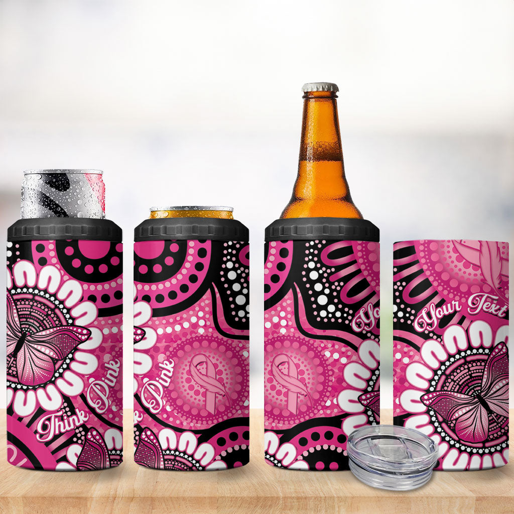 Personalised Australia Indigenous 4 in 1 Can Cooler Tumbler Breast Cancer Ribbon Think Pink - Black Version