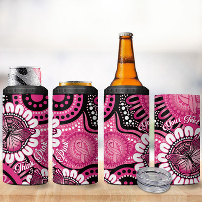 Personalised Australia Indigenous 4 in 1 Can Cooler Tumbler Breast Cancer Ribbon Think Pink - Black Version