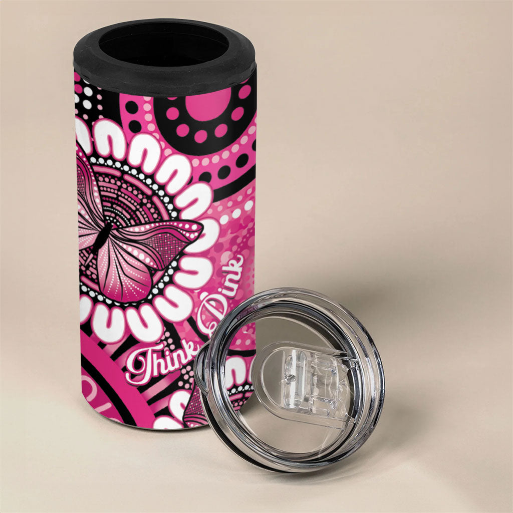 Personalised Australia Indigenous 4 in 1 Can Cooler Tumbler Breast Cancer Ribbon Think Pink - Black Version