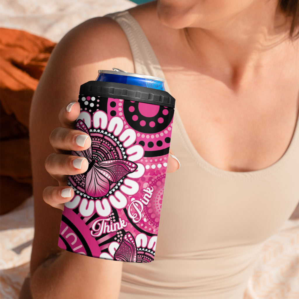 Personalised Australia Indigenous 4 in 1 Can Cooler Tumbler Breast Cancer Ribbon Think Pink - Black Version