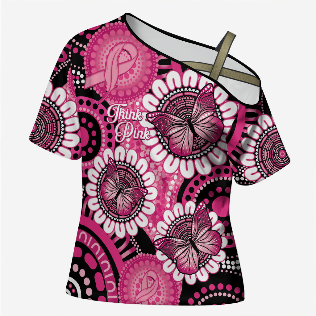 Personalised Australia Indigenous Cross Shoulder Shirt Breast Cancer Ribbon Think Pink - Black Version