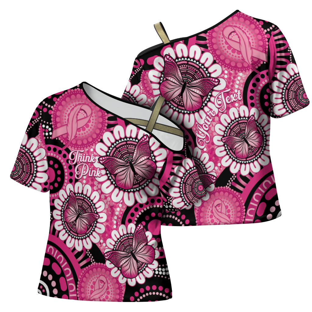 Personalised Australia Indigenous Cross Shoulder Shirt Breast Cancer Ribbon Think Pink - Black Version