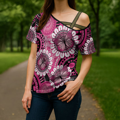 Personalised Australia Indigenous Cross Shoulder Shirt Breast Cancer Ribbon Think Pink - Black Version