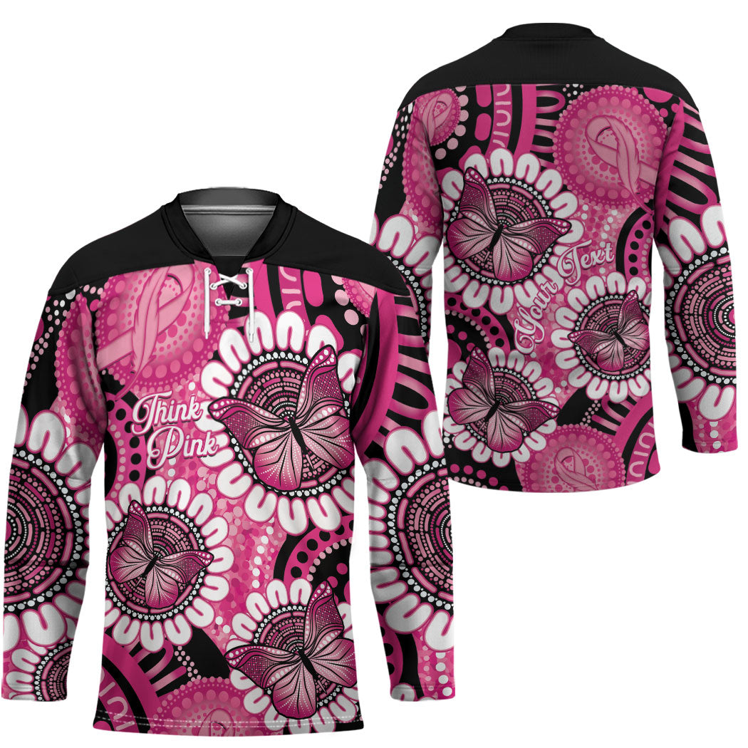 Personalised Australia Indigenous Hockey Jersey Breast Cancer Ribbon Think Pink - Black Version