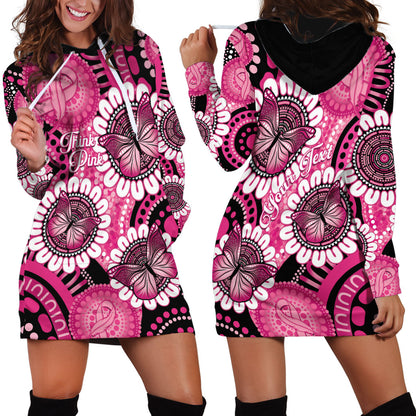 Personalised Australia Indigenous Hoodie Dress Breast Cancer Ribbon Think Pink - Black Version