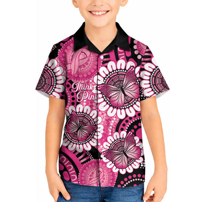Personalised Australia Indigenous Kid Hawaiian Shirt Breast Cancer Ribbon Think Pink - Black Version