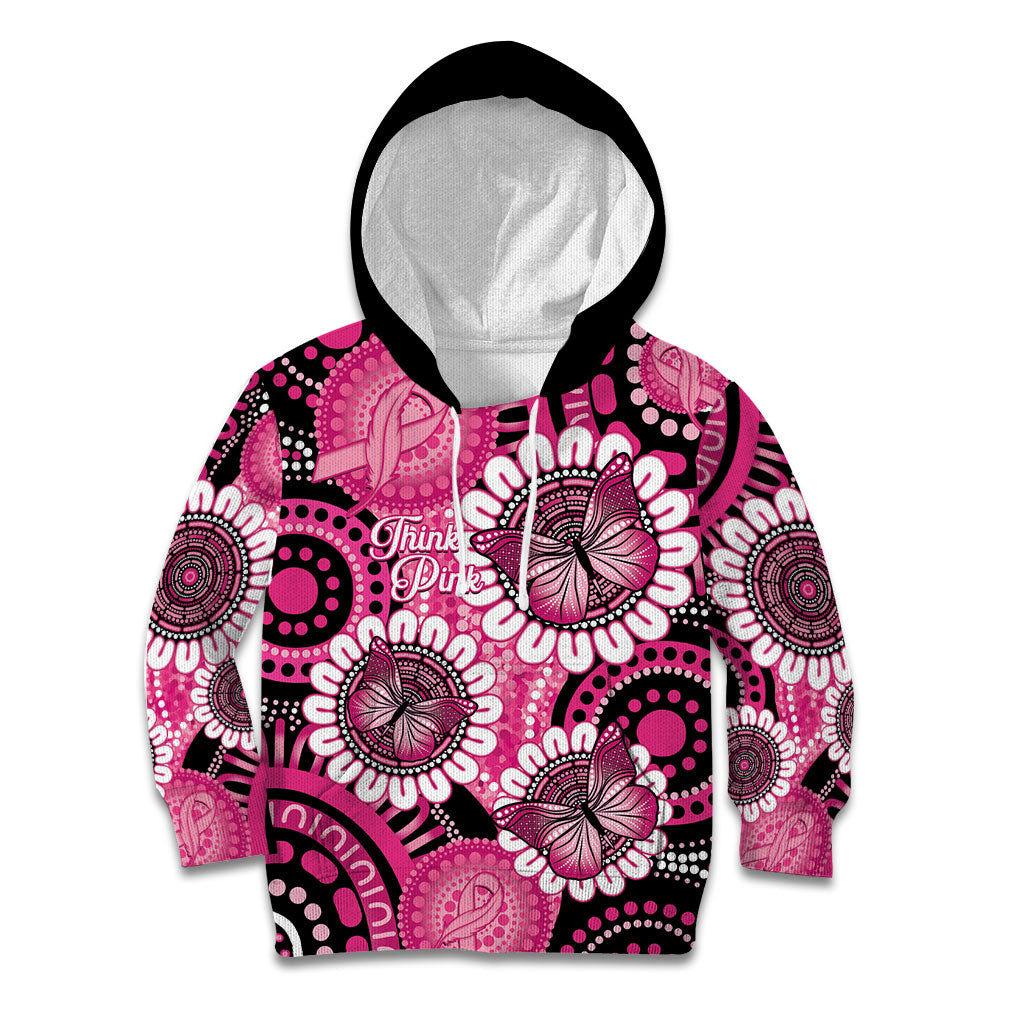 Personalised Australia Indigenous Kid Hoodie Breast Cancer Ribbon Think Pink - Black Version